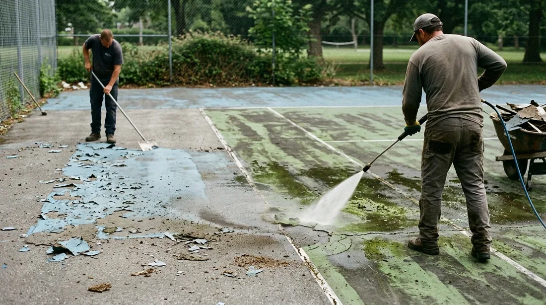 Court pressure washed, vegetation and organic growth removed, and any failing existing coating — Peoria, IL