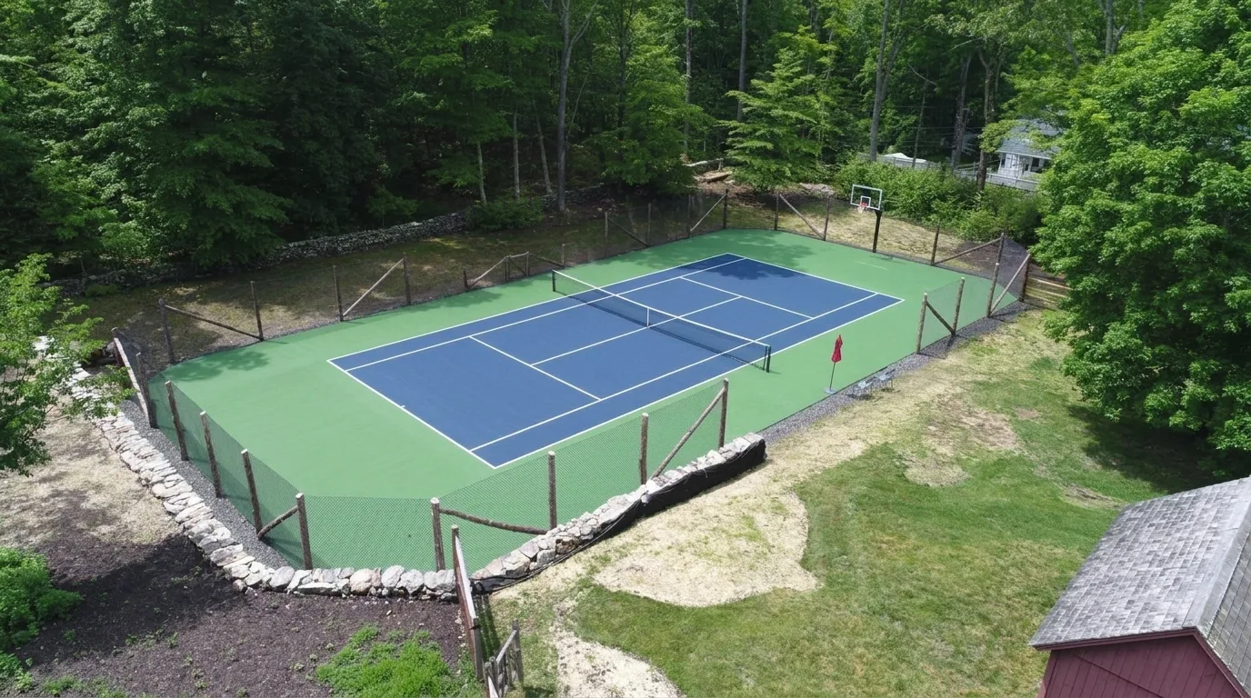 A freshly resurfaced tennis court — uniform colour coat, crisp white lines, clean net and posts — Peoria, IL