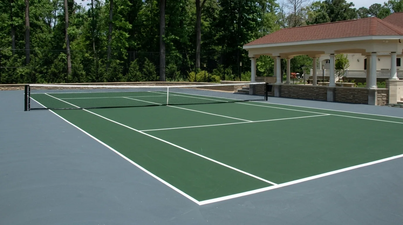 The finished result of professional tennis court resurfacing: the completed work looking clean, — Peoria, IL