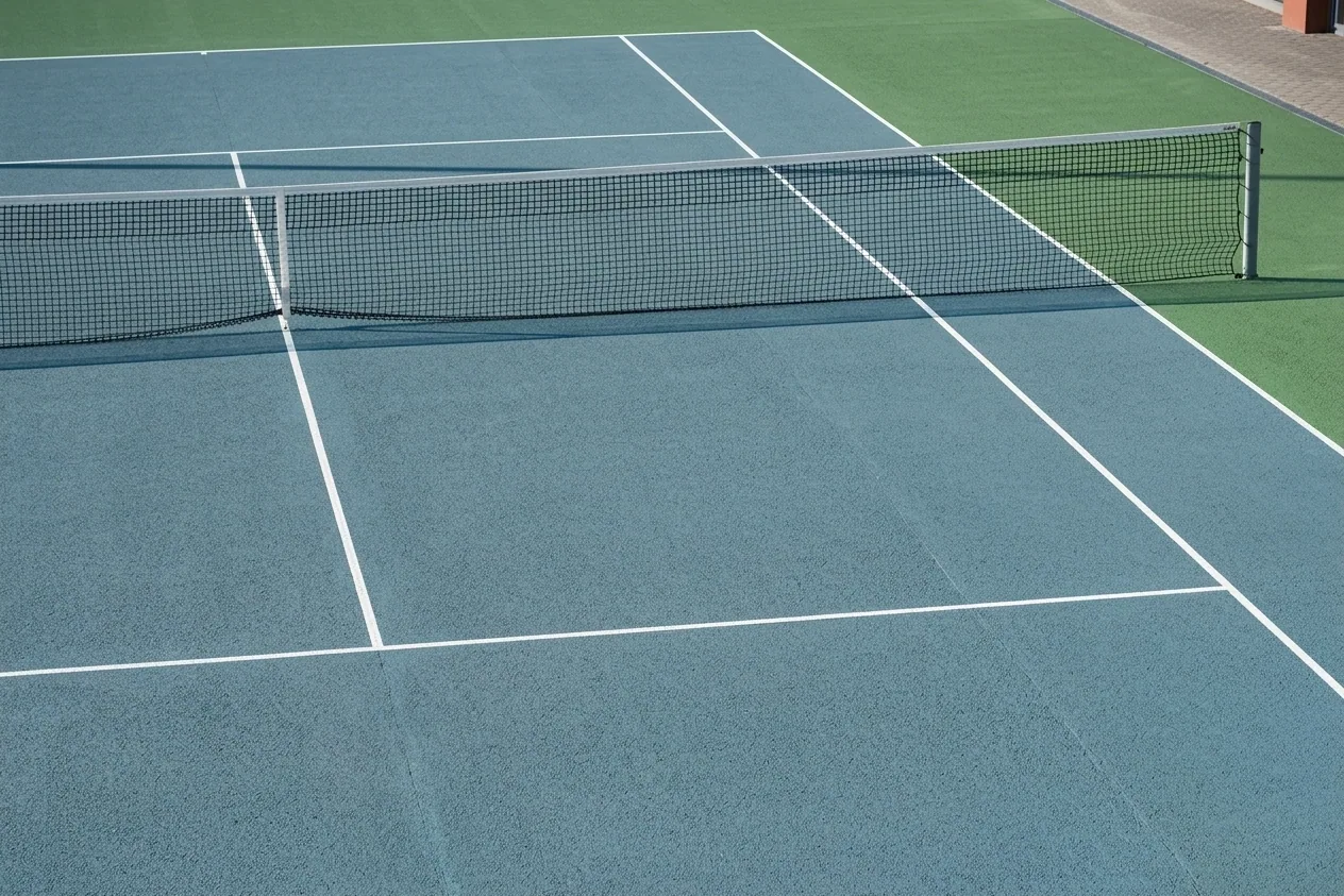 The finished result of professional tennis court resurfacing: the completed work looking clean, — Peoria, IL