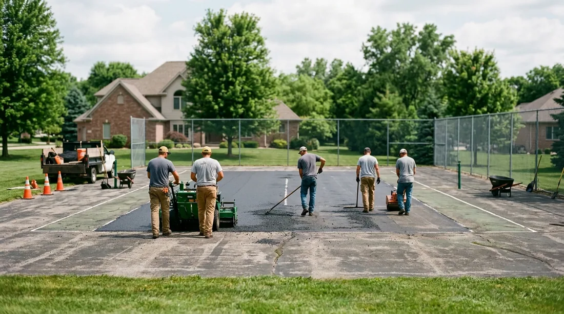 A small professional crew working on a tennis court resurfacing job at a property, seen from behind — Peoria, IL